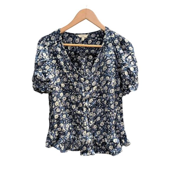 Lucky Brand Top Womens Small Navy Blue Floral Blouse Ruffle Trim Boho - Picture 1 of 3